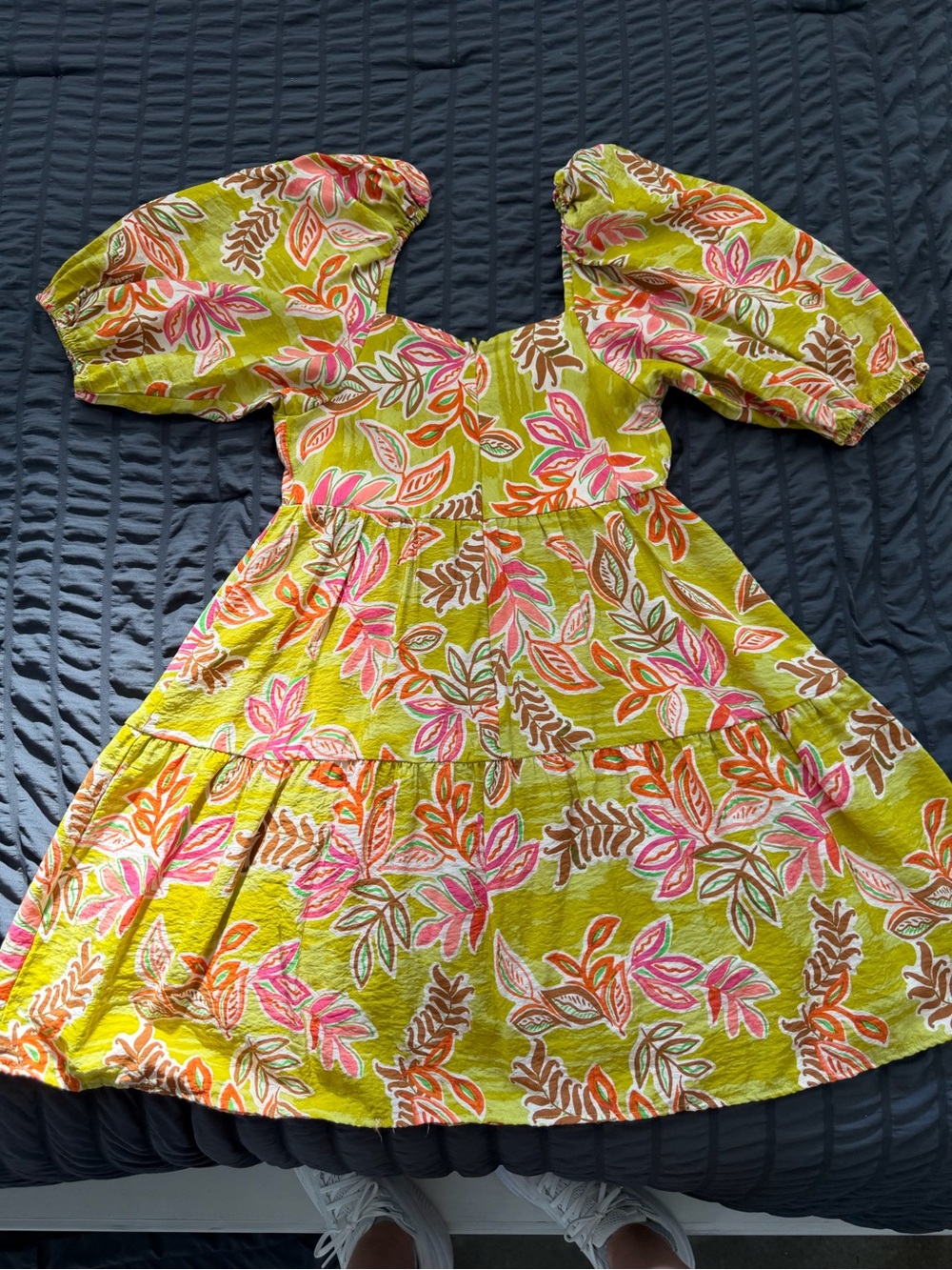 Girls' Puff-Sleeve Mini Dress in Lime Green Leaf Print